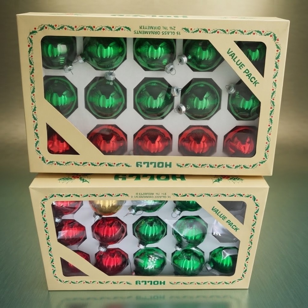 Vtg 2 Box Holly Glass Christmas Tree Ornaments Balls 28pc Red Green Gold Fluted